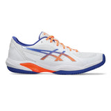 White sports shoe with orange and blue accents on a white background
