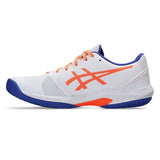 White sports shoe with orange and blue accents on a white background