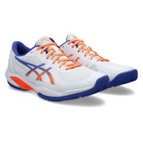 White sports shoes with orange and blue accents on a white background