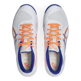 White running shoes with orange laces and blue accents on a white background