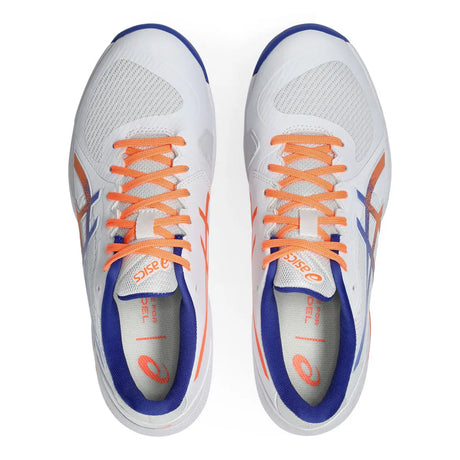 White running shoes with orange laces and blue accents on a white background