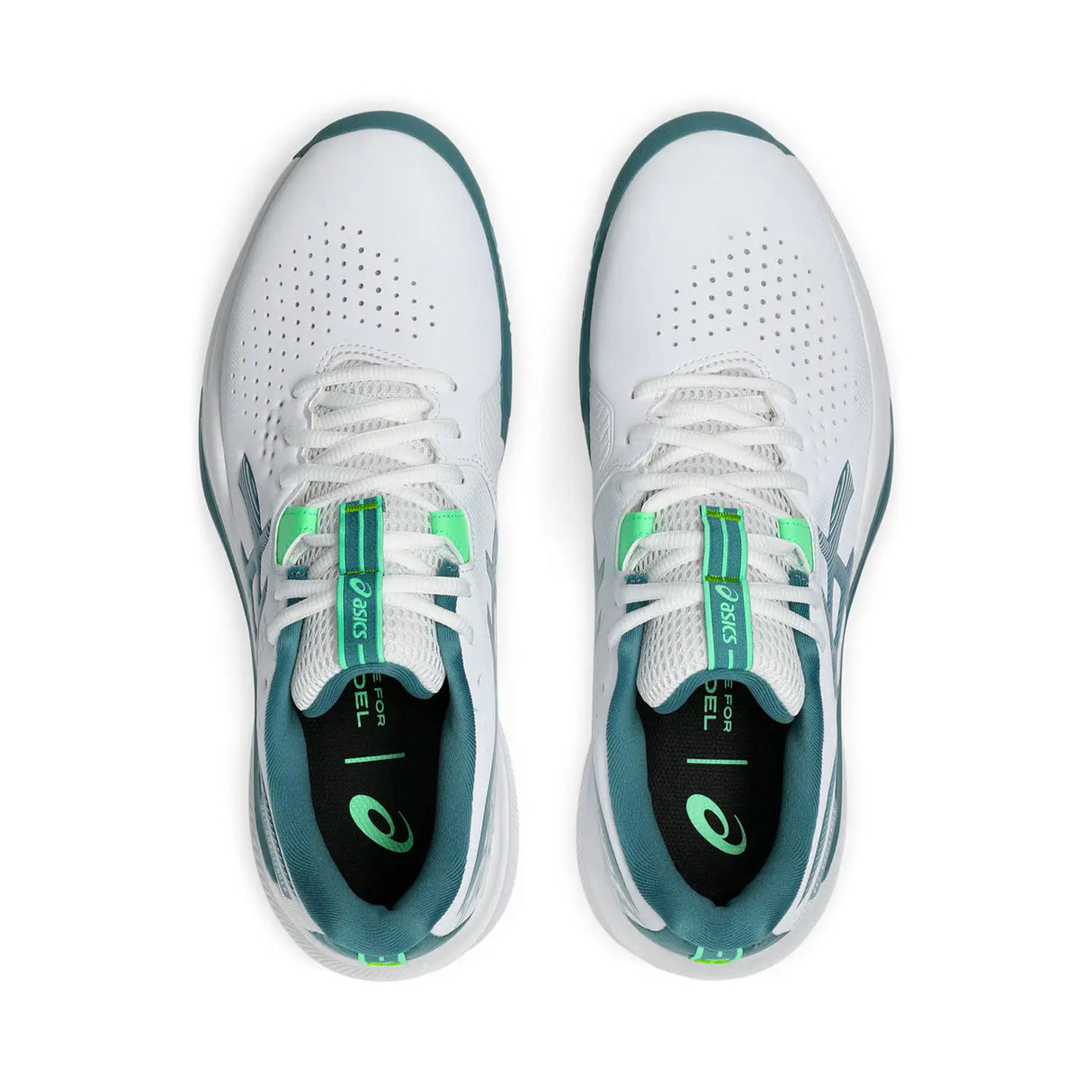 White running shoes with green accents on a white background