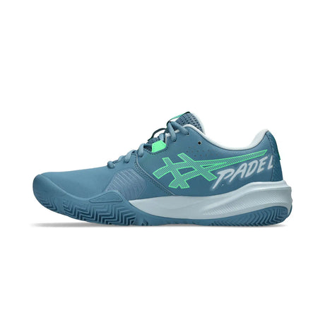 Blue and green sports shoe with 'Padel' branding on a white background