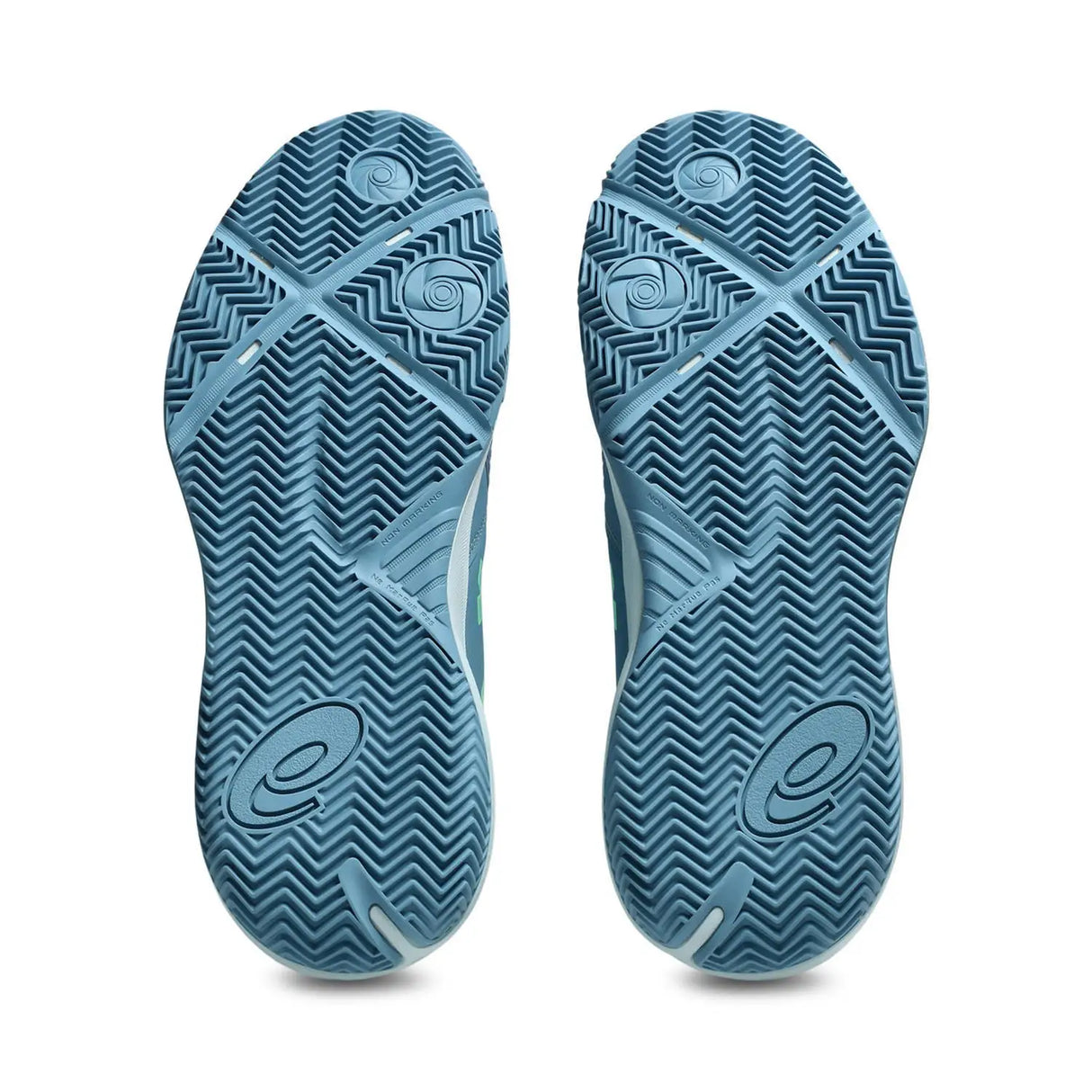 Blue shoe sole with textured pattern and brand logo on a white background