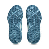 Blue shoe sole with textured pattern and brand logo on a white background