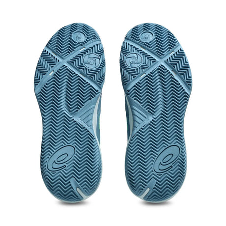 Blue shoe sole with textured pattern and brand logo on a white background