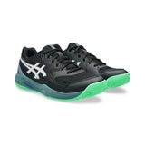 Black and green athletic shoes with a white logo on a white background