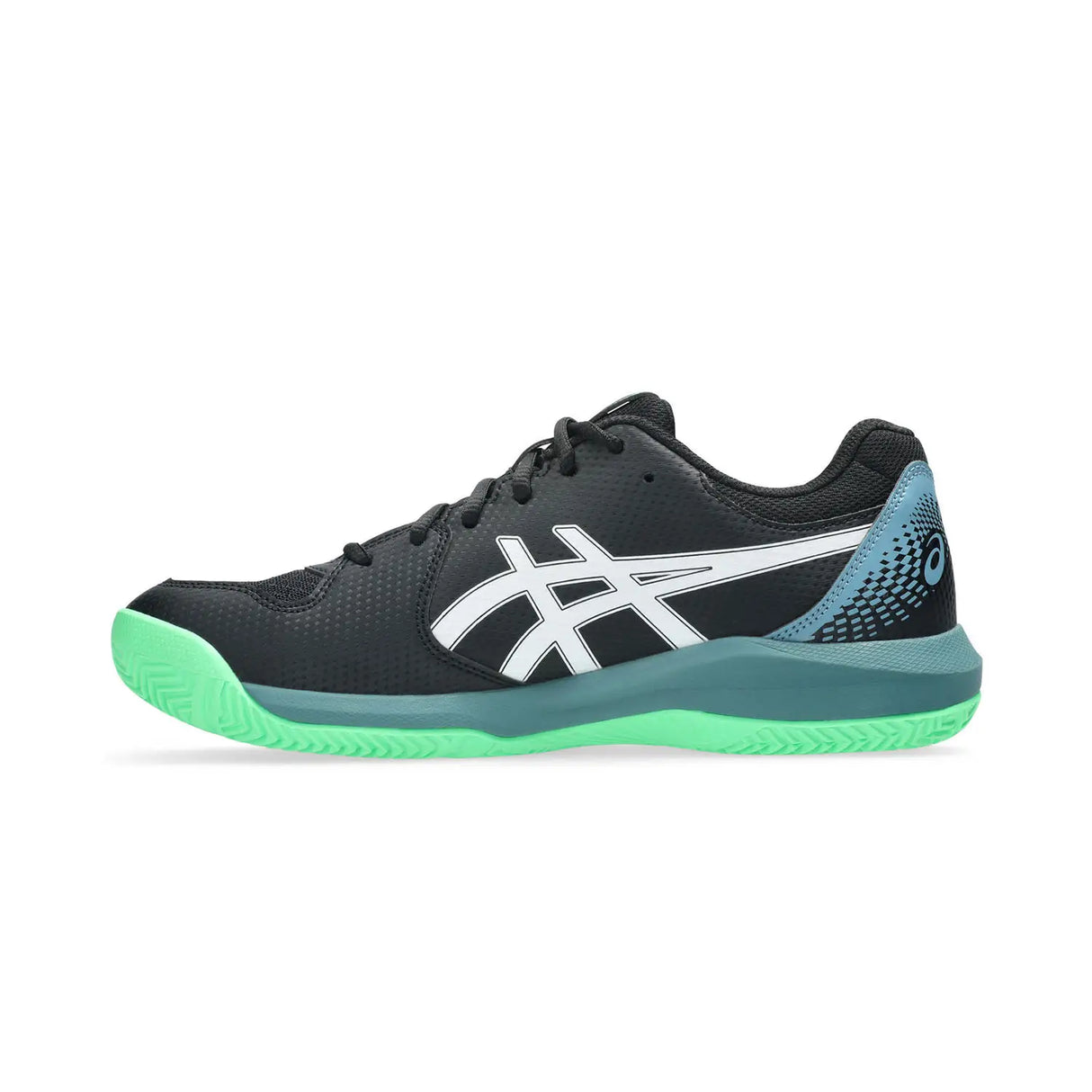 Black and green athletic shoe with white logo on a white background