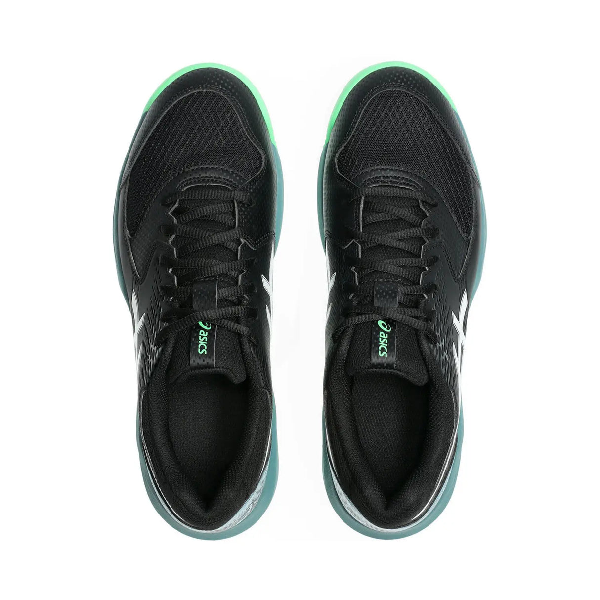Black running shoes with green accents on a white background