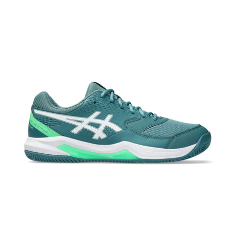 Teal and green athletic shoe with white logo on a white background