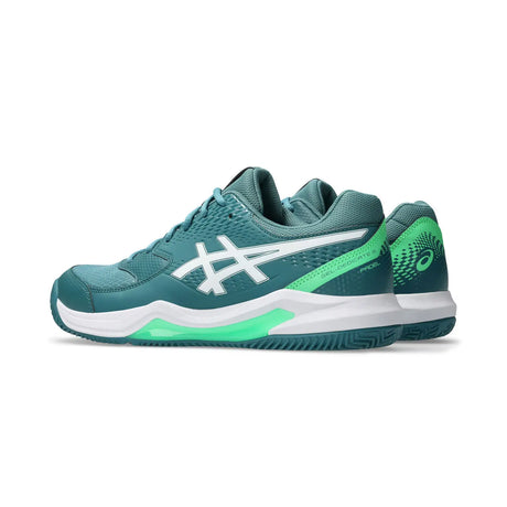 Teal and green athletic shoe with white accents on a white background