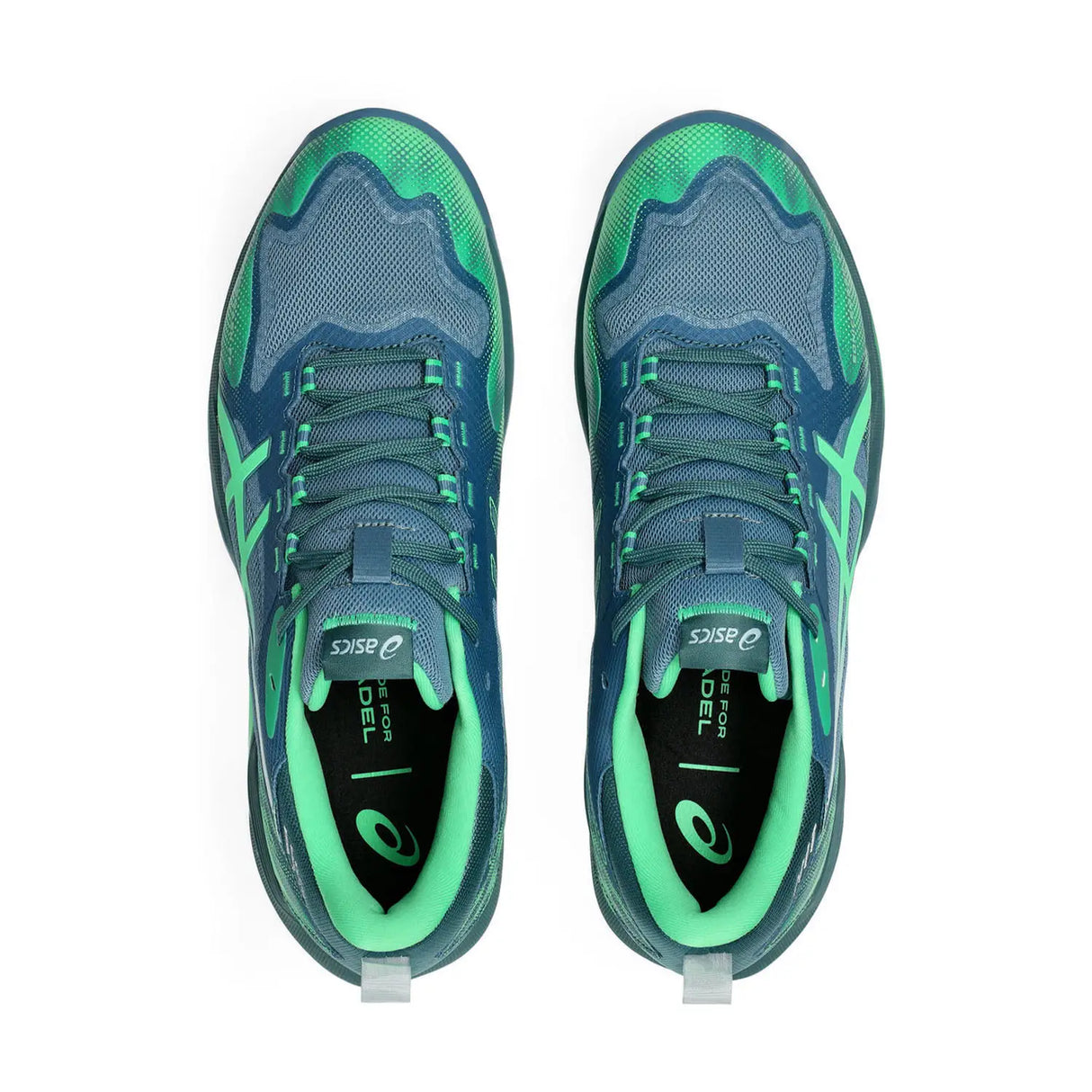 Blue and green running shoes with visible Asics logo on a white background