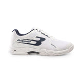White sports shoe with navy accents on a white background