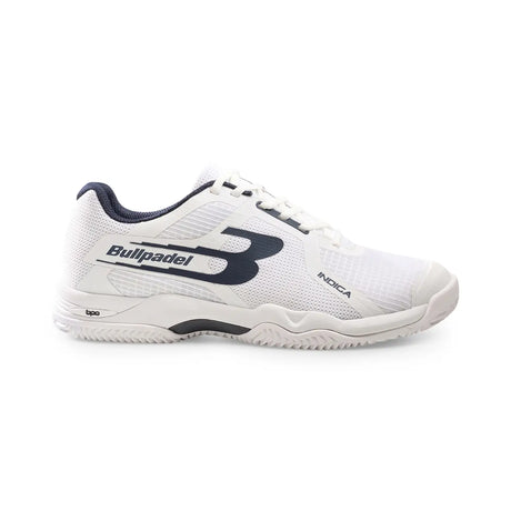 White sports shoe with navy accents on a white background