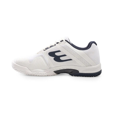 White athletic shoe with black logo on a white background