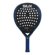 Padel racket with black face and blue handle on a white background