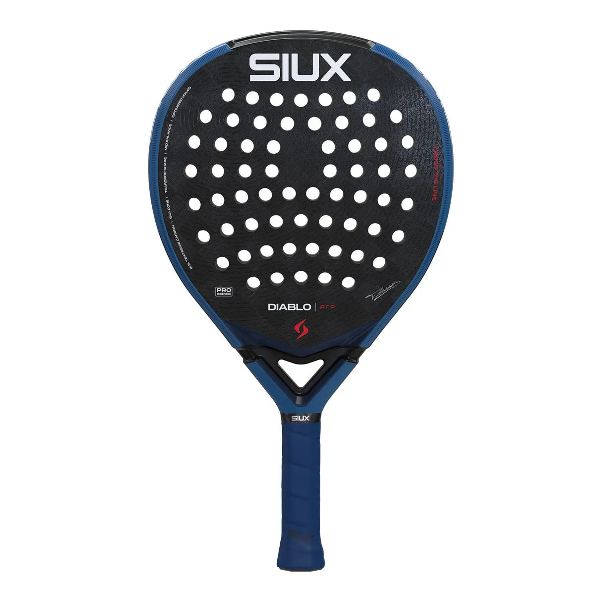 Padel racket with black face and blue handle on a white background