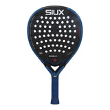Padel racket with black face and blue handle on a white background