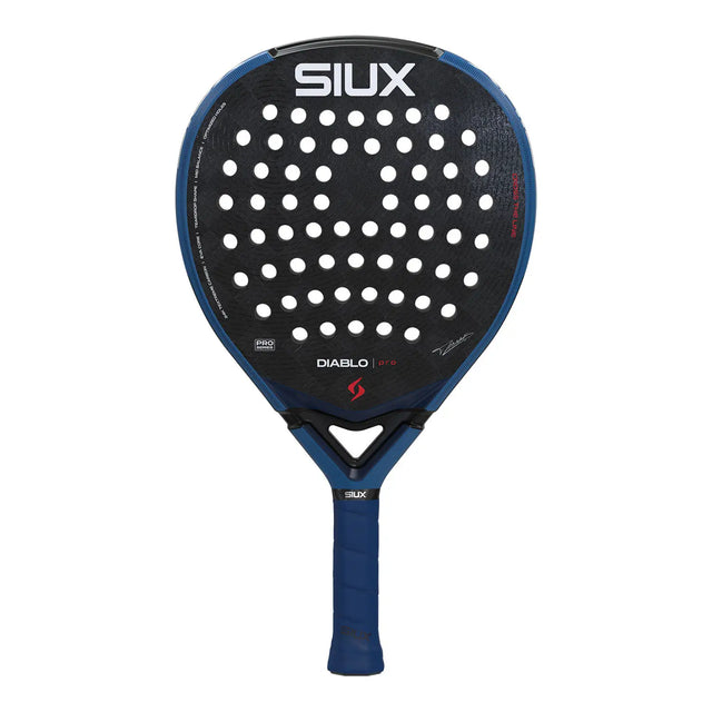 Padel racket with black face and blue handle on a white background
