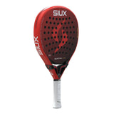 Red and black SIUX paddle racket on a white background