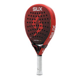 Red and black SIUX paddle racket on a white background