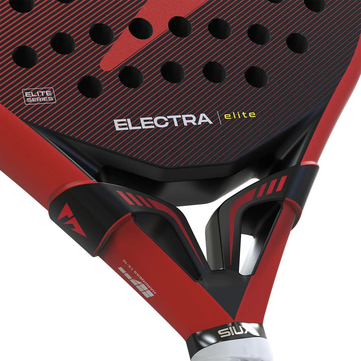 Close-up of a red and black racket with 'Electra Elite' branding on a white background