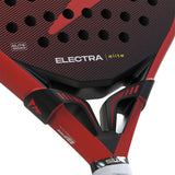 Close-up of a red and black racket with 'Electra Elite' branding on a white background