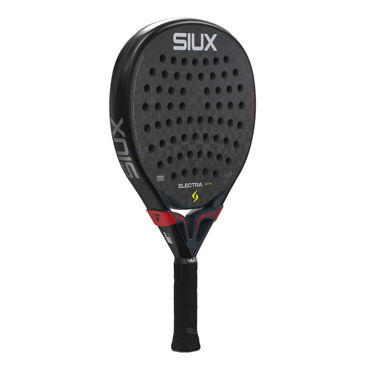 Black SIUX racket with red accents on a white background
