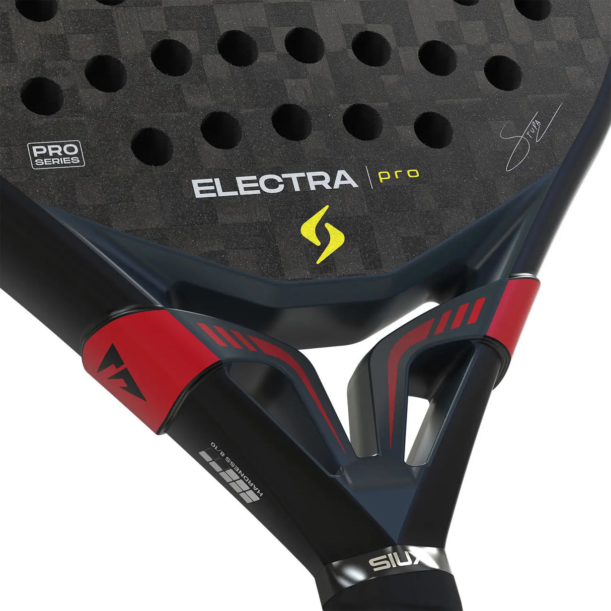 Close-up of a black and red racket with 'Electra Pro' branding on a white background