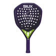 Purple and green SIUX racket on a white background