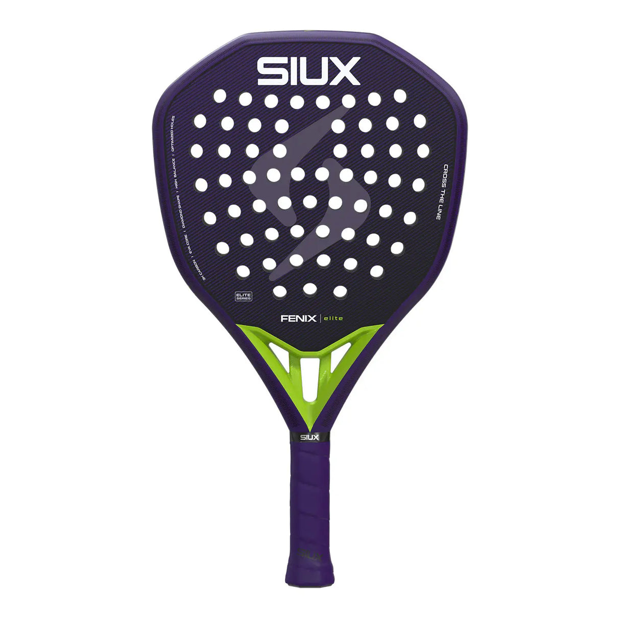 Purple and green SIUX racket on a white background