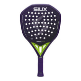 Purple and green SIUX racket on a white background