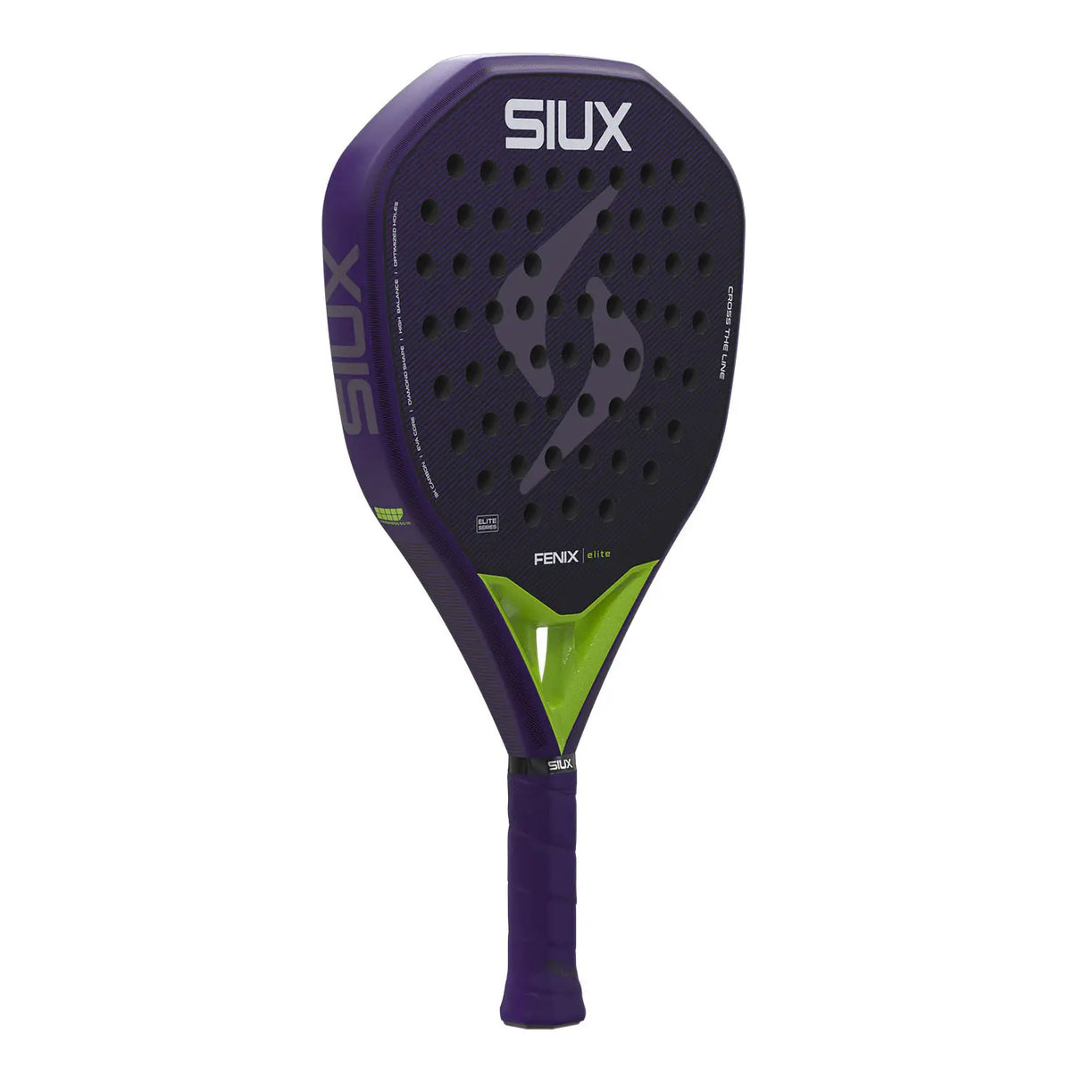 Purple and black SIUX tennis racket on a white background