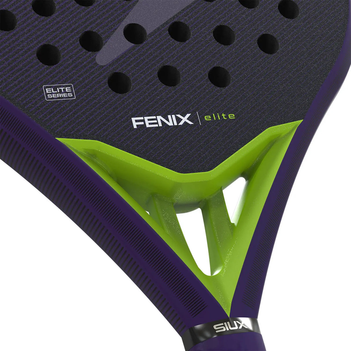 Close-up of a purple and green tennis racket with 'Fenix Elite' branding on a white background.