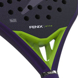 Close-up of a purple and green tennis racket with 'Fenix Elite' branding on a white background.