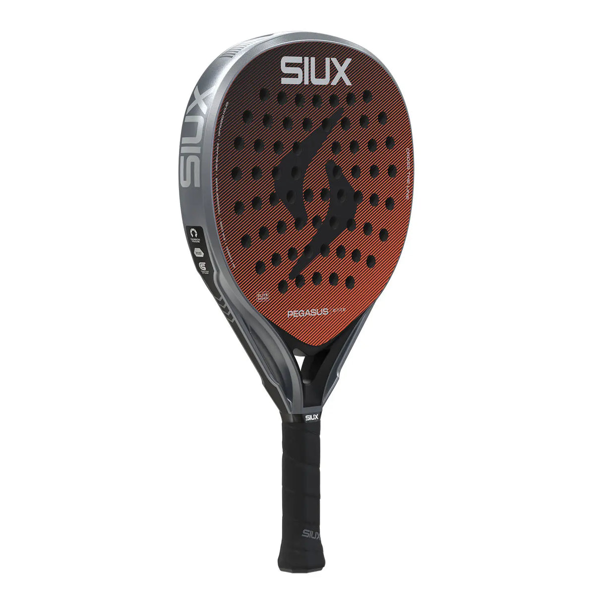 Padel racket with brown face and black handle on a white background