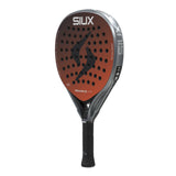 Padel racket with orange and black design on a white background