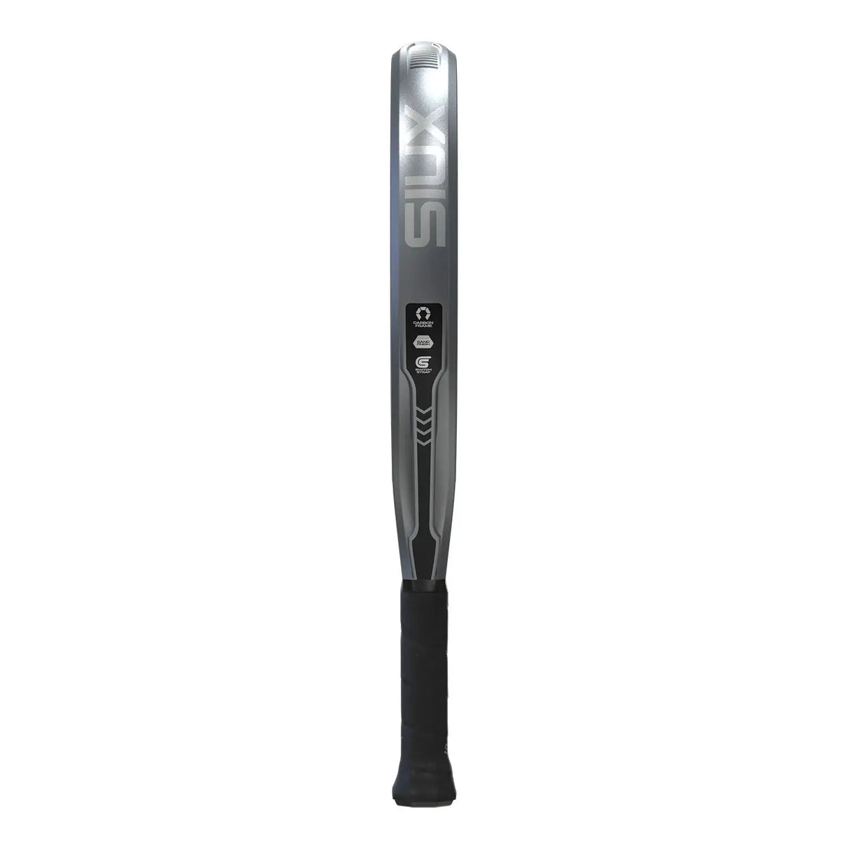 Padel racket with a black and gray design on a white background