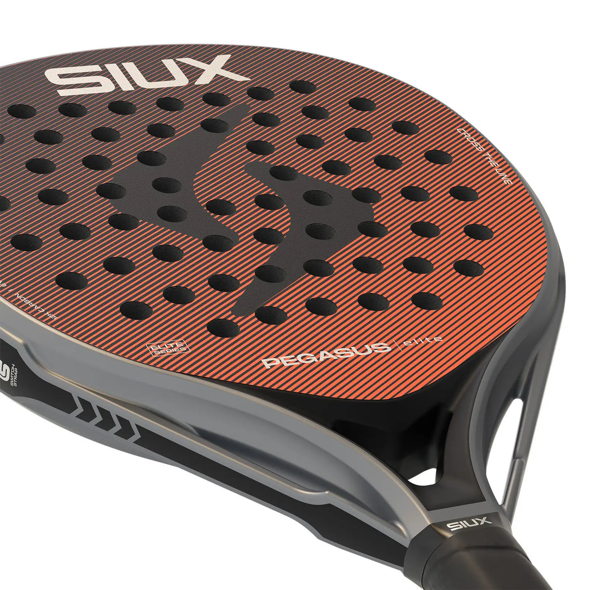 Close-up of a SIUX racket with a brown and black design on a white background