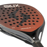 Close-up of a SIUX racket with a brown and black design on a white background