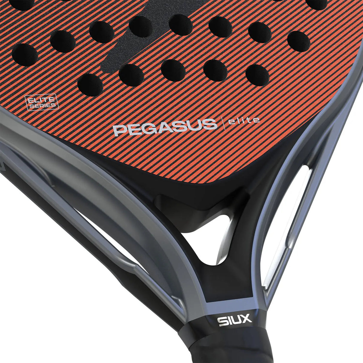 Close-up of a Pegasus Siux padel racket with red and black design.