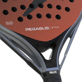 Close-up of a Pegasus Siux padel racket with red and black design.