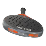 Paddle with black and orange design on a white background