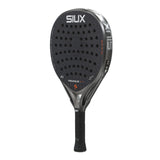 Black SIUX tennis racket on a white background