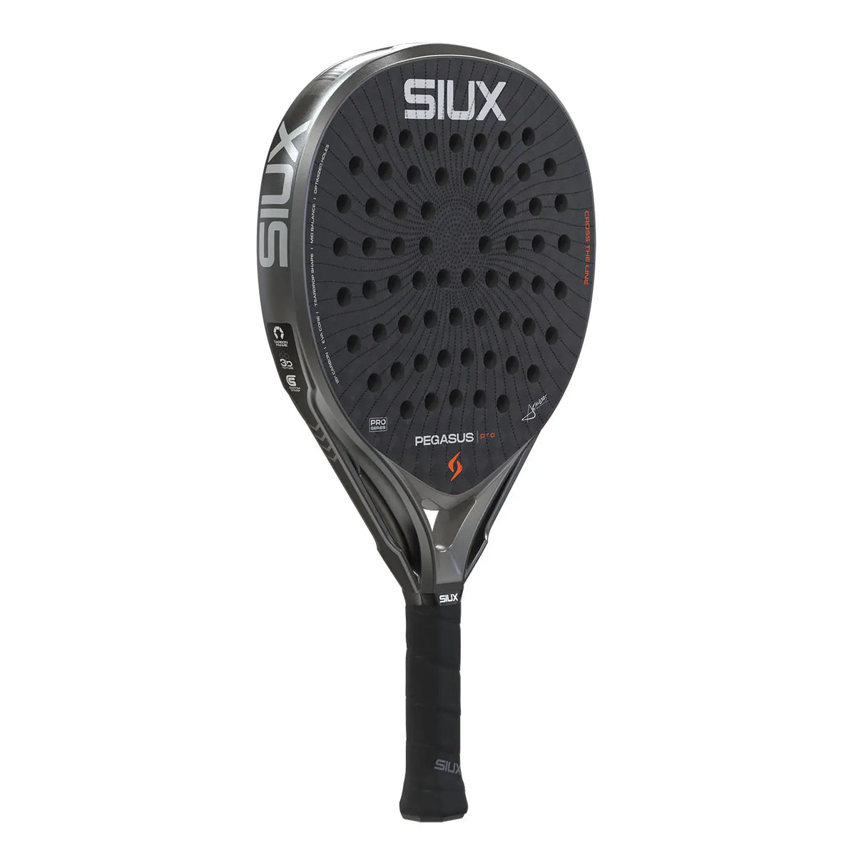 Black SIUX tennis racket on a white background