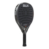 Black SIUX tennis racket on a white background