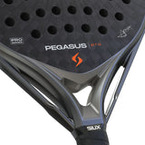 Close-up of a Pegasus tennis racket with branding and model details.