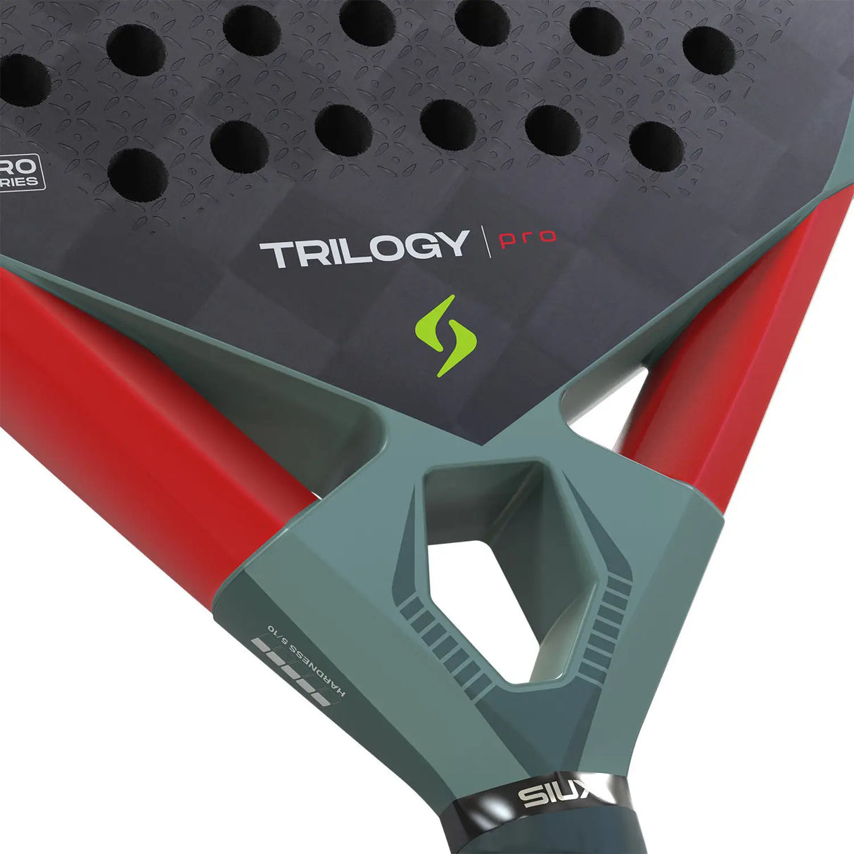Close-up of a paddle with 'Trilogy Pro' branding on a white background