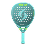 Turquoise Padel racket with white perforations and green text on a white background