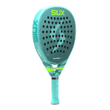 Turquoise and green Siux paddle racket on a white background